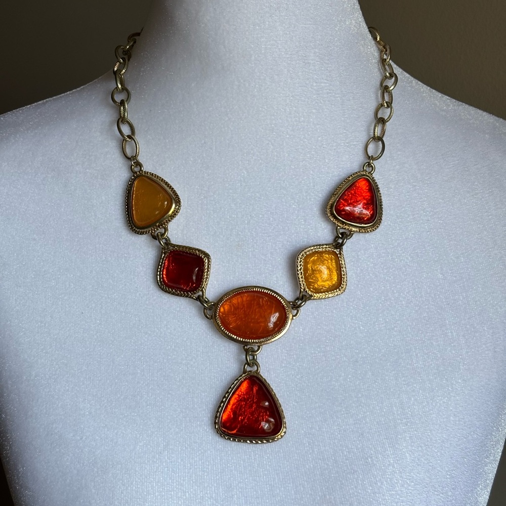 Red Amber Glass Necklace Statement Gold Tone Multi Stone Bib Style